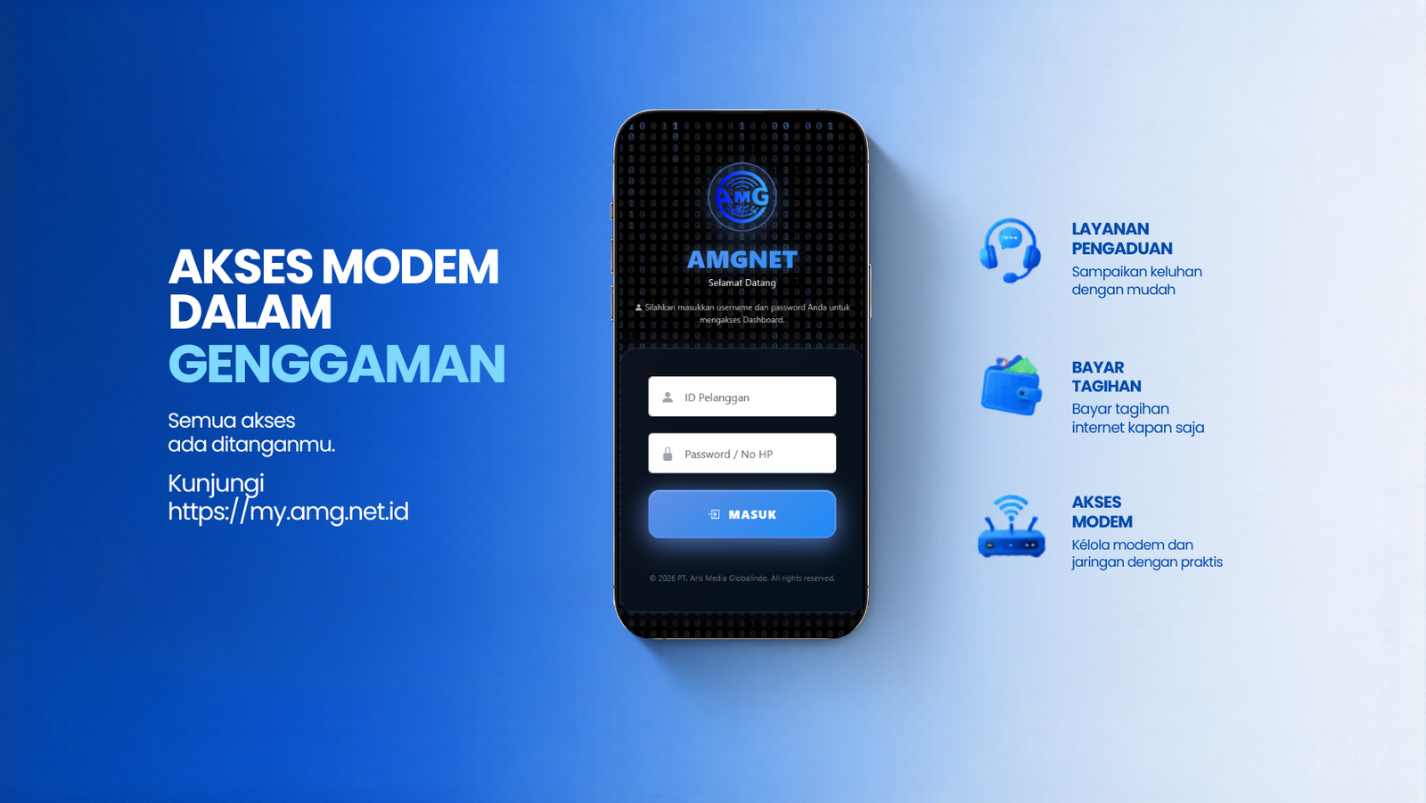 Aplikasi pelanggan AMGNET untuk akses modem dan layanan